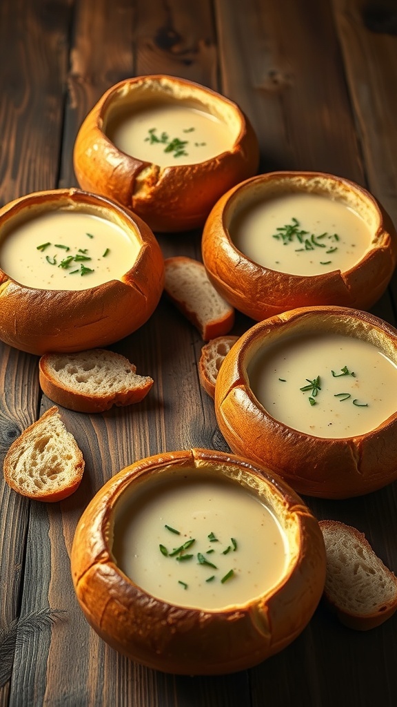 Four sourdough bread bowls filled with soup on a rustic wooden table.